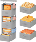 Pipishell Hanging Closet Organizer 6-Shelf, Hanging Shelves for Closet with 3 Removable Drawers & Side Pockets for Bedroom, Garment Rack and Wardrobe Organization, 12' x 12' x 43.3', Dark Gray