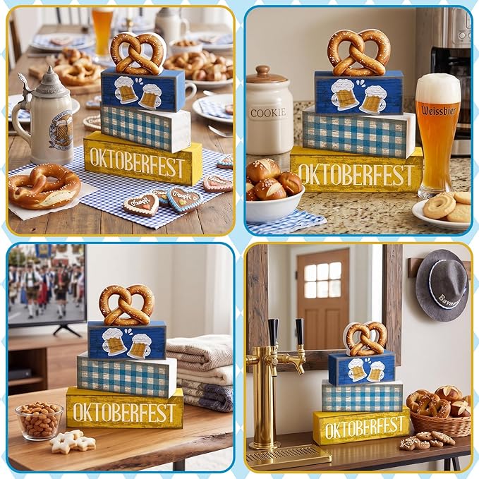 Yuntau 4 Pcs Oktoberfest Table Decorations Wooden Beer Tabletop Centerpiece Bavarian German Festival Tiered Tray Decor Rustic Oktoberfest Block Sign for Photo Prop Party