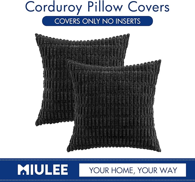 MIULEE Pack of 2 Corduroy Decorative Throw Pillow Covers 20x20 Inch Soft Boho Striped Pillow Covers Modern Farmhouse Home Decor for Halloween Sofa Living Room Couch Bed Black