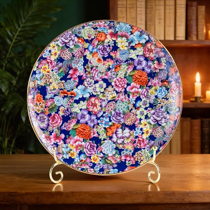KAMMAK Decorative Plates Set for Display,Blue Ceramic Plate Decor with Stand，Handmade Vintage Flower Porcelain Ornament for Living Room, Kitchen, Office, Perfect Chinese Style Dish Gift (8in+10in)