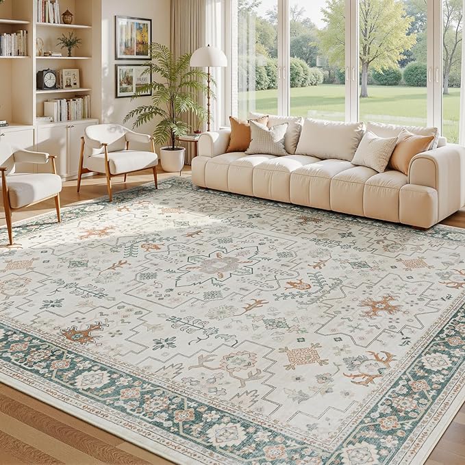 Lessymo 8x10 Washable Rug for Living Room, Cream Green Area Rug for Bedroom Dining Home Office Nursery Room, Soft Non-Slip Vintage Floral Oushak Carpet, Boho Tribal Farmhouse Decor