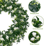 SHACOS Greenery Wreath 15" Artificial Front Door Wreaths Green Wreath with White Flowers for Home Wall Window Farmhouse Decoration 100% Plastic Indoor Outdoor