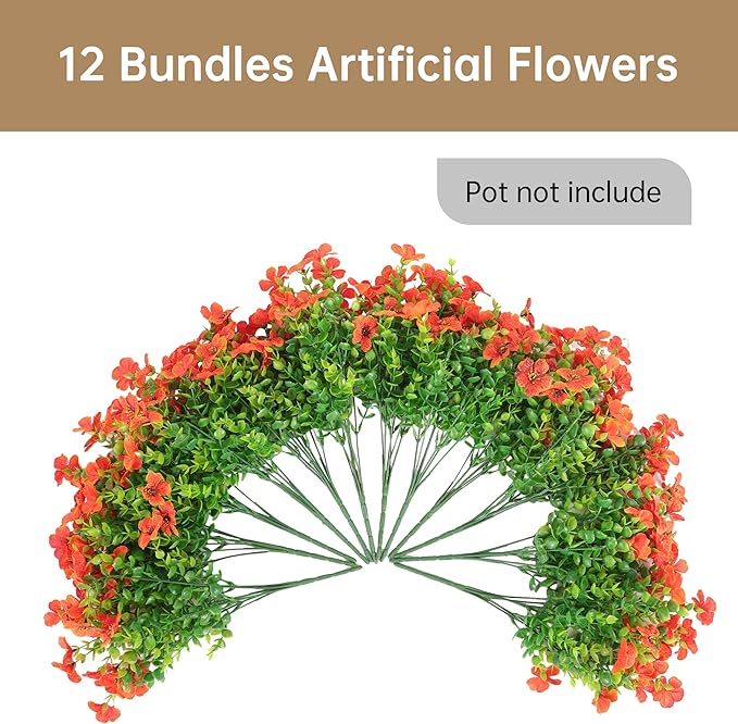 Artificial Faux Flowers Plants for Outdoors Outside Fall Autumn Decoration,12 Bundles Realistic Fake Mums Flowers Plant Greenery Silk Daisy UV Resistant Planters Balcony Porch Patio Garden Home Orange