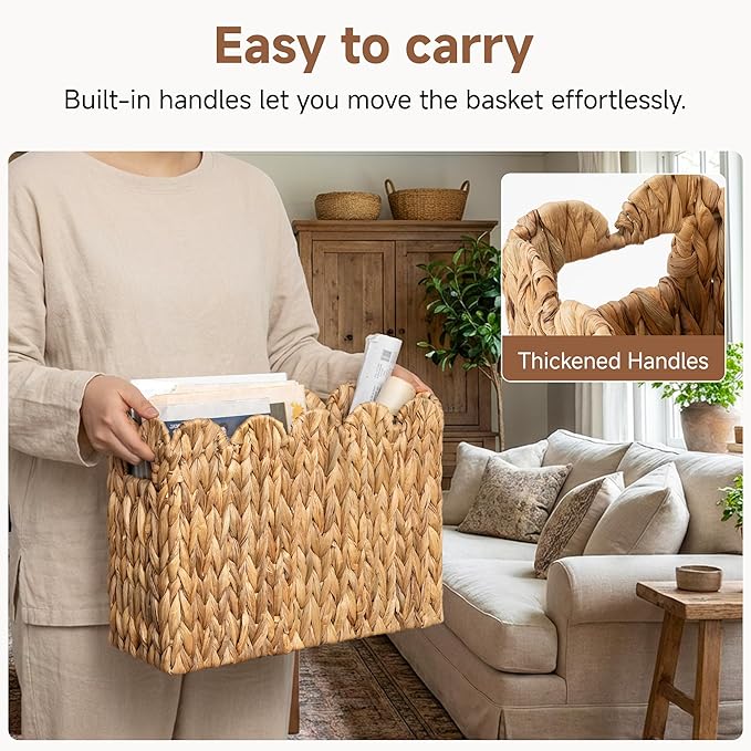StorageWorks Hand-Woven Magazine Holder, Magazine Wicker Basket for Bathroom, Scalloped Rattan Magazine Holder, Natural Water Hyacinth, 1 Pack