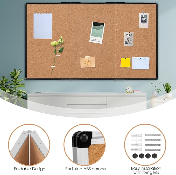 Extra Large Cork Bulletin Board 96" X 48", Foldable Notice Pin Board for Wall, Black Aluminum Framed 8'x4' Corkboard, Wall Mounted Noticeboard with 36 Push Pins for School, Home & Office