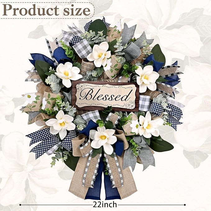 Waipfaru Spring Summer Wreaths for Front Door, 22 Inch Magnolia Wreath with Eucalyptus & Blue Grey Burlap Bow, Front Door Wreath for Farmhouse Porch Outdoor Decor Outside All Season (1 Pcs)