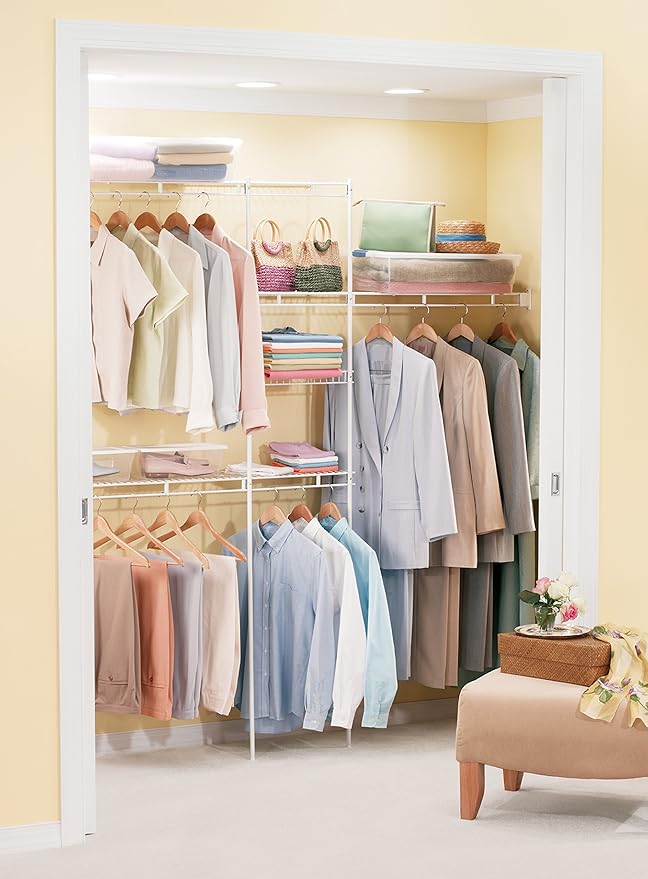 Rubbermaid Full Closet Organization Shelf System, Direct Wall Mount, Adjustable from 6.5-8 ft, Mounting Hardware Kit Included, White, Wire Shelving Organization for Home/Laundry/Mudroom/Pantry/Linen