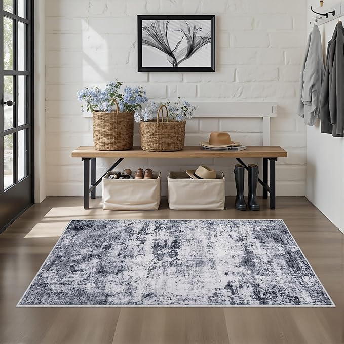 Washable Area Rug 3x5 Entryway Rug: Washable Modern Abstract Soft Thin Rug Indoor Floor No Slip Stain Resistant Carpet for Bedroom Dining Room Farmhouse Nursery Home Office - Grey