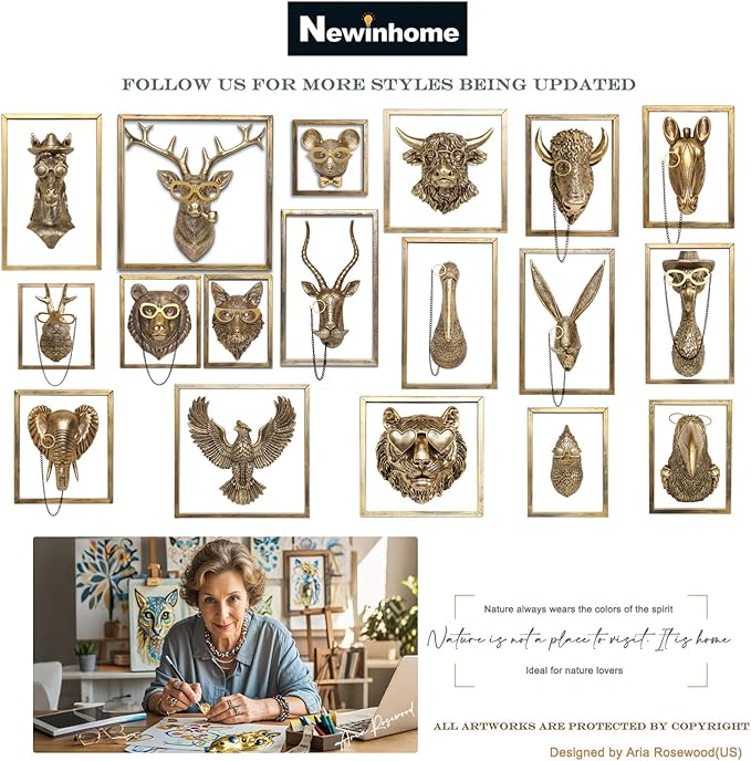 Newinhome Animal Heads Wall Decor (Includes Metal Frame) Resin Animals Sculptures Head Wall Hanging Decoration Gold vintage Wall Sculpture for Living Room Bedroom Office(Deer)