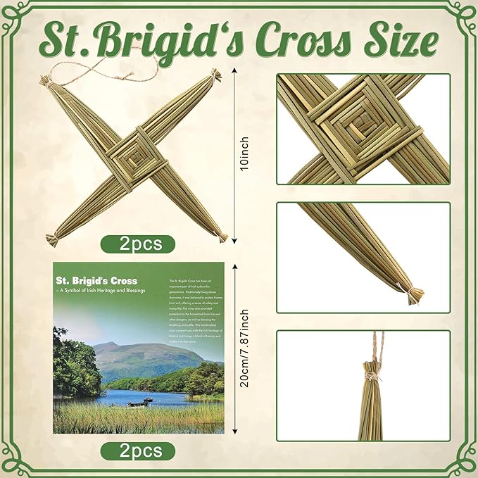 Kathfly 2 Pcs St. Brigid's Wall Cross and Card Irish Gift Saint Brigid's Cross History Card Irish Blessing Gift Ireland Hanging Wall Traditional Decor for Celtic Imbolc Home(10 in,Fresh,Green)
