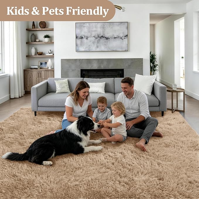 6x9 Area Rugs for Living Room Bedroom: Ultra Soft Fluffy Shag Rug Upgrade Non-Slip Non-Shedding Large Fuzzy Plush Carpet Indoor Floor Carpets for Kids Room Playroom Nursery Dorms Home Decor Beige