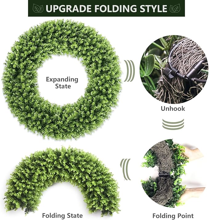 32'' Boxwood Wreath Artificial Spring Summer Wreath All Year Round, Foldable Faux Large Boxwood Wreaths for Front Door Farmhouse Wedding Indoor Outdoor(with Bow)