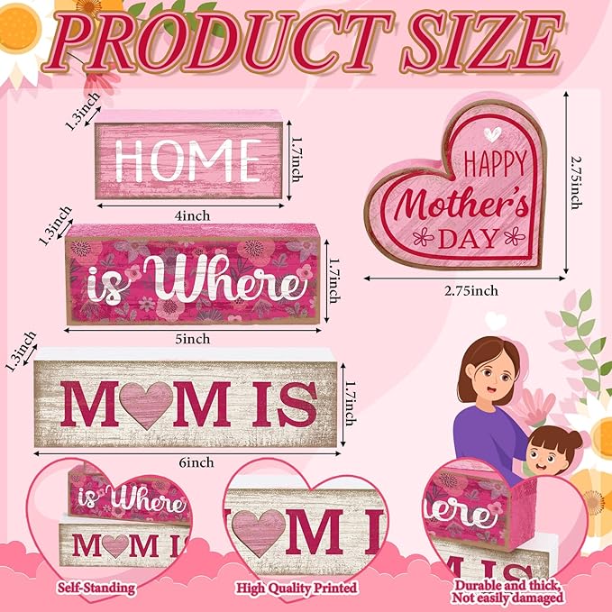 Lineshading 4 Pcs Mothers Day Table Decorations Wooden Pink Heart Decor Happy Mother's Centerpieces Gifts for Mom from Daughter Son Mothers Day Decorations for Home Shelf Indoor Party Decoration