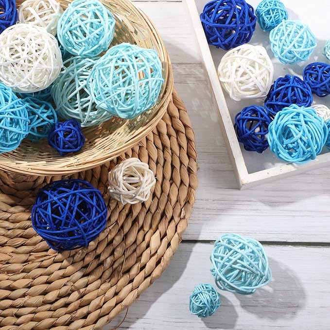 Patelai 36 Pcs Wicker Rattan Balls Decorative Balls for Vase Centerpiece Bowls Orbs Filler for Home Decor,4 Sizes(White, Blue Series,2.4'',2'',1.6'',1.2'')