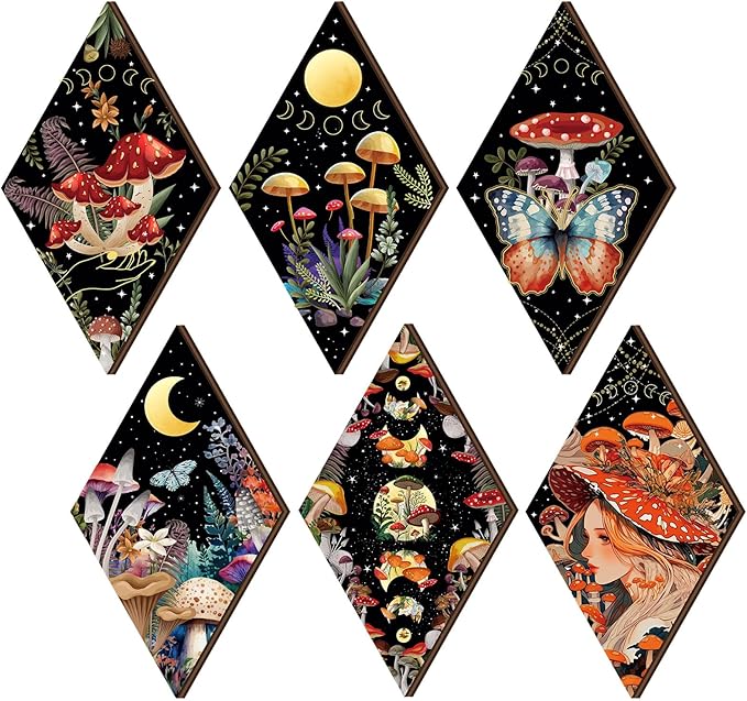 Qunclay 6 Pcs Witchy Gothic Wall Decor Rustic Boho Home Decor Sun Moon Mushroom Phases Wall Art Gothic Star Hanging Wooden Decoration Farmhouse Pediments for Bedroom Living Room Gallery(Mushroom)