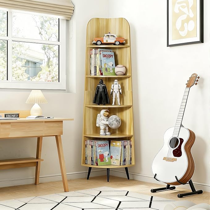 VECELO Large Tall Corner Shelf, 66.93" H 5-Tier Corner Storage Organizer, Freestanding Corner Display Rack for Living Room Bedroom Home Office, Natuarl Wood