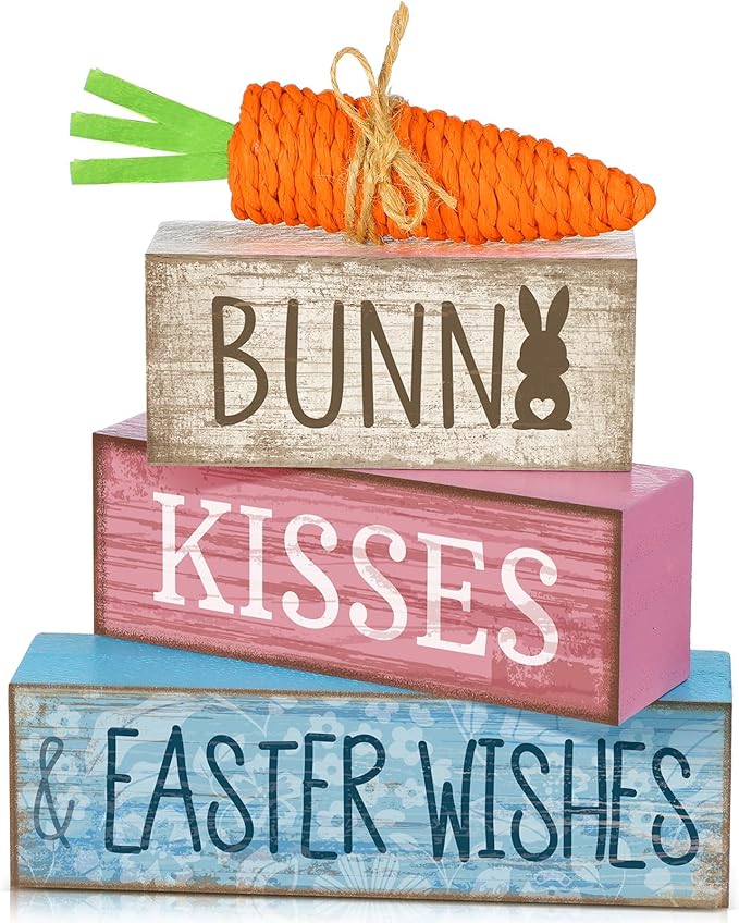 Moucuny 4 Pcs Easter Table Decoration Wooden Block Carrot Decor Easter Tiered Tray Decoration Cute Bunny Centerpiece Rustic Carrot Sign Gift for Holy Week Kitchen, Party, Entryway Fireplace Decor