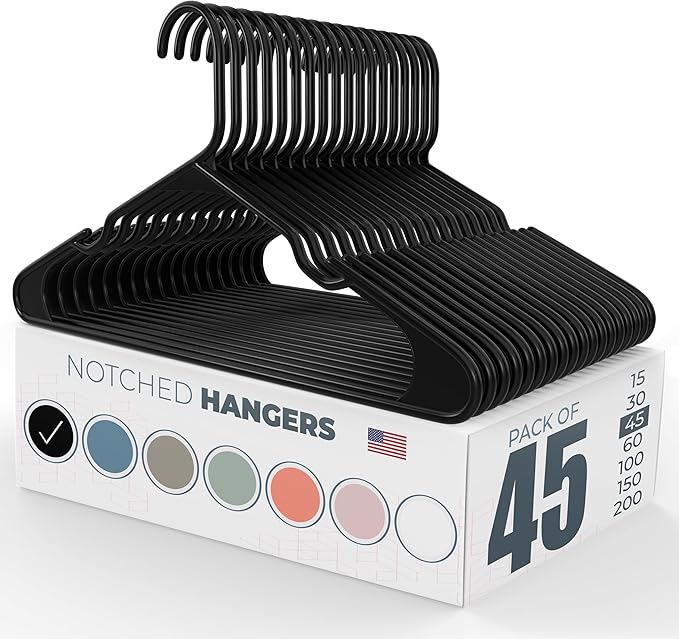Neaties Plastic Hangers 45 Pack – Made in The USA – 6lb Capacity Standard Clothes Hangers with Notches and Reinforced Edges for Dresses, Lingerie, Shirts, Pants, and Jackets – Black