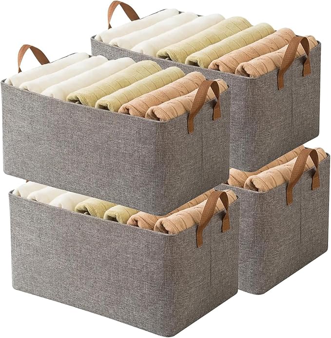 4 Pcs Closet Clothes Organizer with Handle, Fabric Storage Box with Steel Frame Stackable Shelf Storage Baskets Foldable Wardrobe Storage Box for Clothes Toys