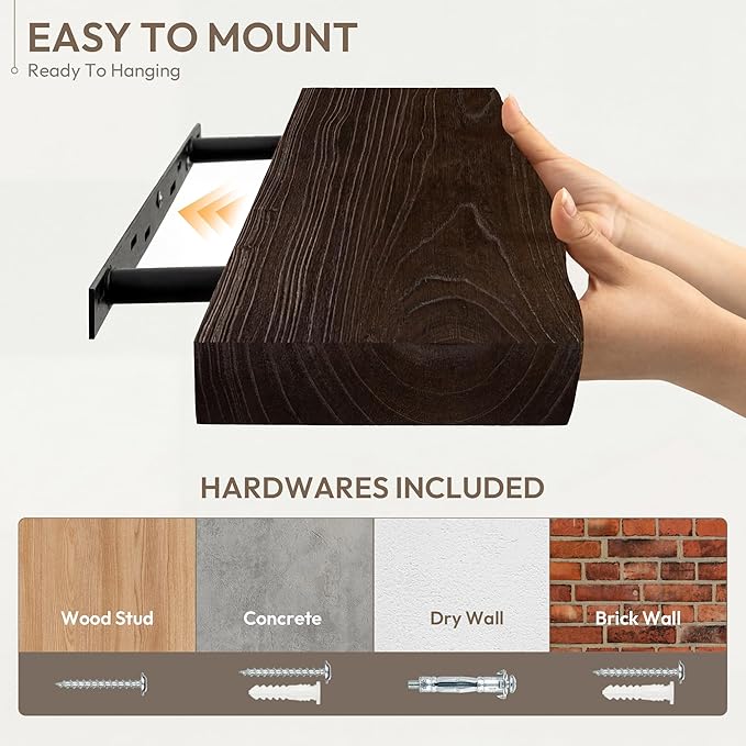 Marsmiles 72 inch Floating Shelves for Wall Elm Wood Live Edge Shelves Wall Mounted|Rustic Long Floating Shelves with Invisible Bracket for Bathroom Living Room Kitchen|Walnut, 1 Pack