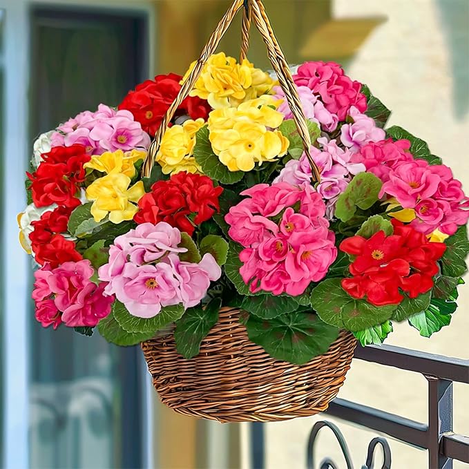 Artificial Geraniums Flowers for Outdoors Spring Decor, 4 Bundles UV Resistant Fake Geraniums Flowers Silk Faux Plants for Home Planter Gardens Table Patio Porch Indoor Cemetery Summer Decor(Color)