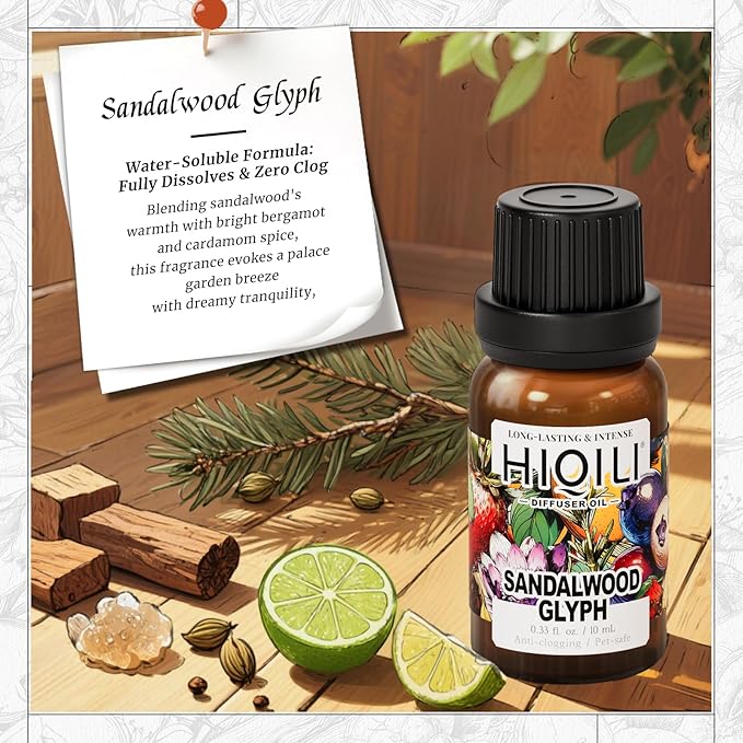 HIQILI Sandalwood Glyph Diffuser Oil, Inspired by Gio. Santal, Fall Scents, Long Lasting Scents for Home Diffuser, Relaxing - 0.34 Fl Oz