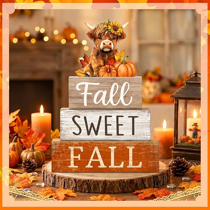 Moucuny 4 Pcs Fall Decoration for Highland Cow Home Fall Table Decor Wooden Stacked Block Decor with Sunflower Cow & Pumpkin Topper Rustic Thanksgiving Tiered Tray Decoration for Harvest Home Kitchen