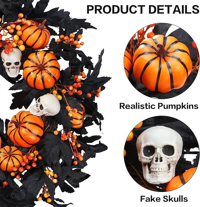 Sggvecsy Halloween Wreath with Artificial Pumpkin Handmade Black Maple Leave Skull Pumpkin Orange Berries 20''Front Door Decorations for Indoor Outdoor Home Halloween Festival Decoration