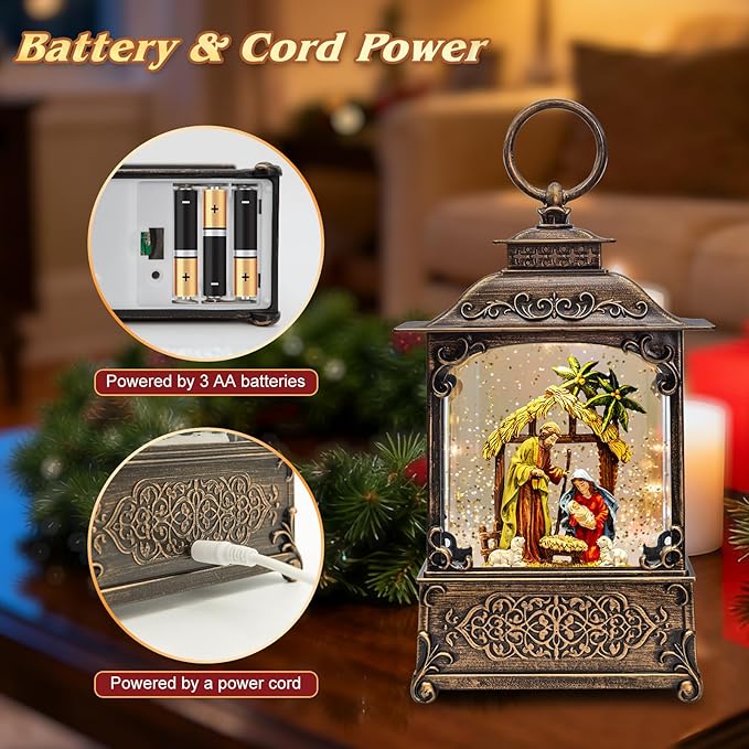 Musical Nativity Scene Christmas Snow Globe Lantern - Lighted Nativity Snow Globes with Swirling Glitter, LED Lights, Silent Night Song, 6-Hour Timer, Battery or USB Powered, Xmas Decorations Gifts