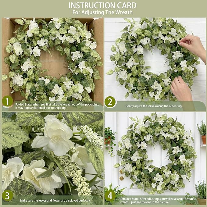 Jobflower 24 Inch Spring Wreaths for Front Door, All Seasons Summer Wreath with Fade-Resistant Greenery, Large Farmhouse Artificial Green Wreath for Outdoor Porch Wall Window Decor, Green