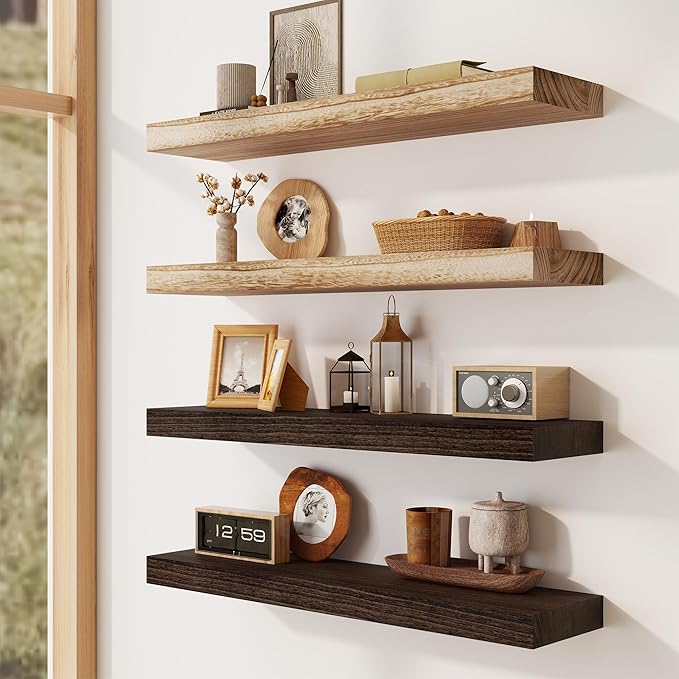 Solid Wood Floating Shelves for Wall 24"W x 8"D x 1.56"H Set of 2, Deep Wall Shelves for Living Room Bedroom Bathroom Kitchen Decor Storage with Invisible Heavy-Duty Metal Bracket, Rustic Brown