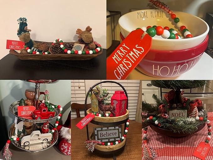 Christmas Wood Bead Garland with Tassels, Rustic Farmhouse Tiered Tray Holiday Decorations, Red and White Wooden Bead with Jute Rope Plaid Tassel, Country Xmas Home Decor (Xmas Red & Green & White)