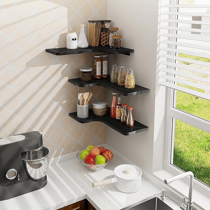 Homode Corner Shelves Wall Mounted, Set of 3 Floating Corner Shelves with Cord Hole, 3 Tier Wooden Hanging Display Shelf for Bathroom Kitchen Living Room, Black