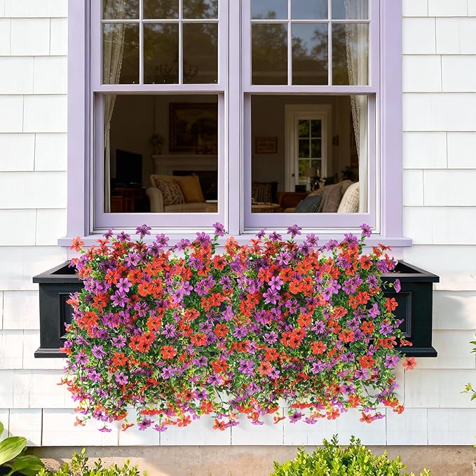 Artificial Hanging Flowers for Outdoors, 2 Pcs Fake Hanging Plant Spring Summer Decoration, UV Resistant No Fade Faux Flower for Porch Patio Yard Window Home Decor(Red Purple)
