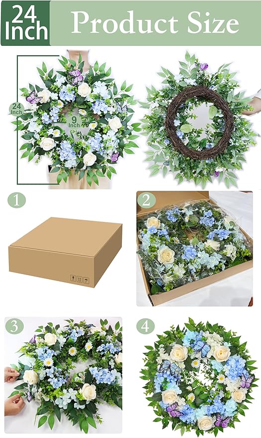 [Lighted & Timer] 24" Spring Summer Wreaths for Front Door Blue Hydrangea Wreath with Lights Butterfly Rose Daisies Artificial Floral Wreath for Home Wall Window Farmhouse Wedding Indoor Outdoor Decor