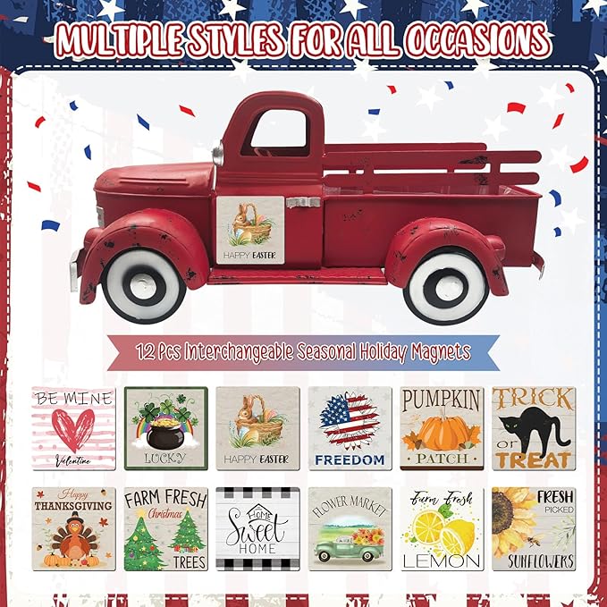 Patriotic Decorations 13.4 Inch Farmhouse Vintage Red Truck with 12 Magnets Interchangeable Seasonal Decor Rustic Metal Pickup 4th of July Decor 250 America Anniversary Centerpieces for Home
