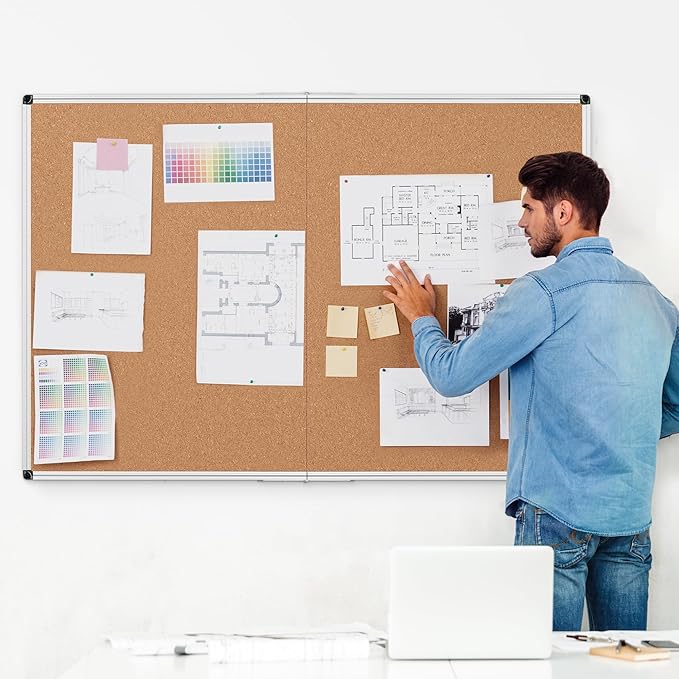 Extra Large Cork Bulletin Board 60" X 36", Foldable Notice Pin Board for Wall, Silver Aluminum Framed 5'x3' Corkboard, Wall Mounted Noticeboard with 36 Push Pins for School, Home & Office