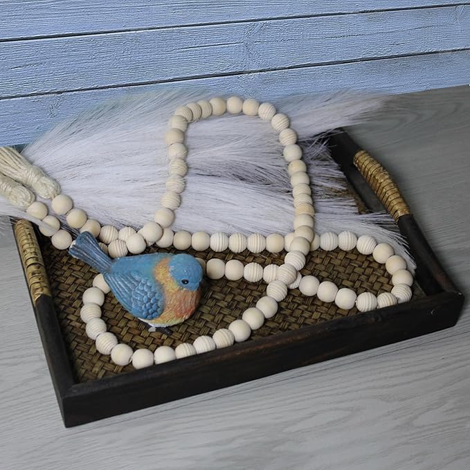 Farmhouse Decor Beads 60in Wooden Bead Garland with Tassels Rustic Minimalist Home Accent Prayer Country Boho Decoration for Wall Hanging Living Room Table Mantle Shelf Decor (Natural-style2)