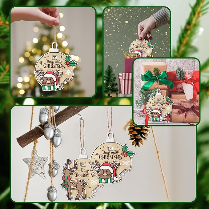 Christmas Elk Snowflake Ornaments for Trees Decorations, Wooden Countdown Hanging Pendant Charms Xmas Reindeer Decorative DIY Craft Hanging Ornaments for Christmas Decorations