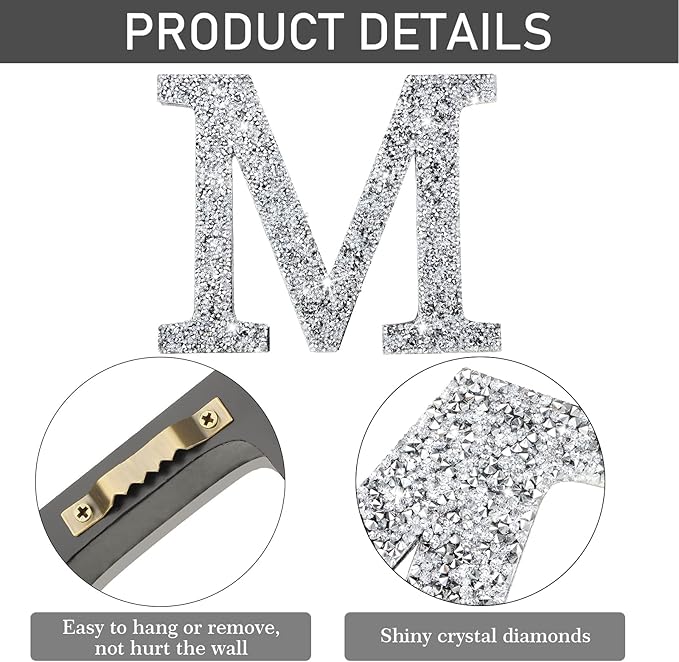 Qunclay 5.7" Silver Crystal Diamond Bling Letters Crushed Diamond Decoration Wooden Glitter Letter with Screw and Hooks Rhinestone Gift for Wedding Y2k Mcbling Bedroom Wall Decor (Letter M)