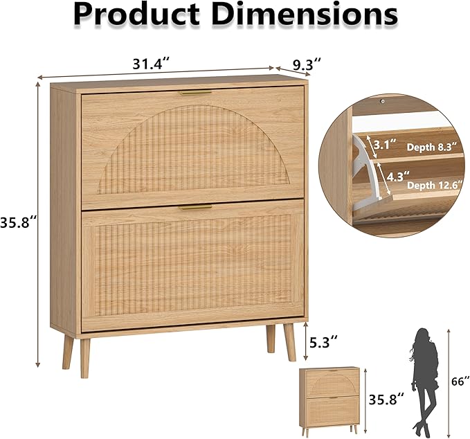 Shoe Cabinet for Entryway with 2 Flip Drawers, Slim Wooden Shoe Storage Organizer with Modern Fluted Pannel，Freestanding Narrow Hidden Shoe Rack for Hallway, Foyer, Living Room