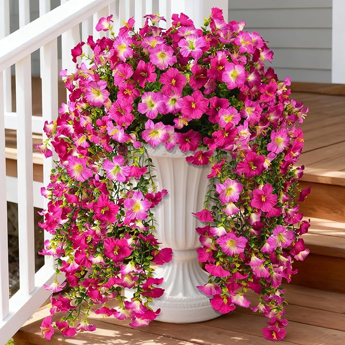 Artificial Hanging Flowers Plants for Outdoor Spring Summer Decoration, 2PCS Faux Silk Morning glory UV Resistant Look Real for Outside Home Indoor Planter Porch Garden Yard Decor(Purple Red Pink)