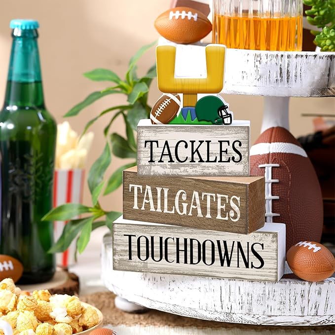 Lineshading 4 Pcs Football Table Decorations Football Tiered Tray Decor Sport Game Centerpiece Sign Decorative Rugby Stack Block Gift for Fans Club Tailgate Birthday Party Table Shelf Fireplace Decor