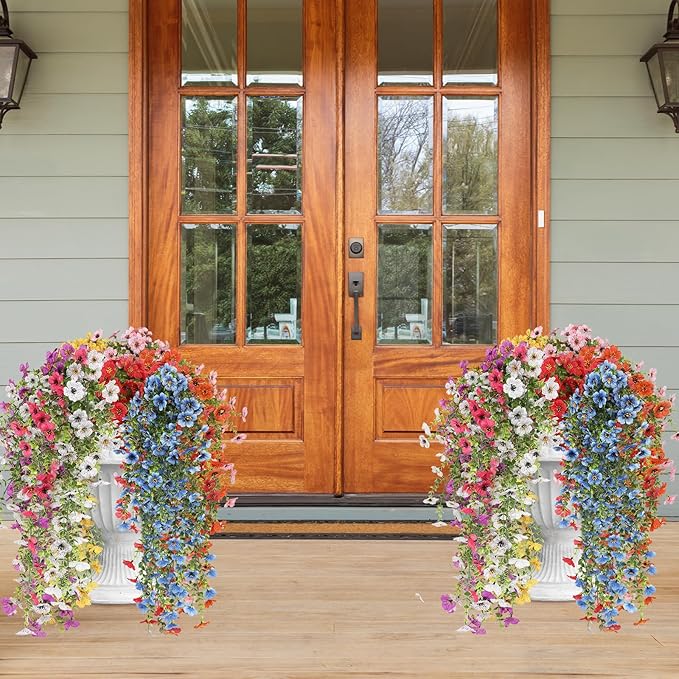 Artificial Hanging Flowers for Outdoors, 8 Pcs Fake Plant for Spring Summer Decoration, UV Resistant Realistic Silk Faux Flowers Outside Indoor Planter Porch Patio Balcony Yard Decor