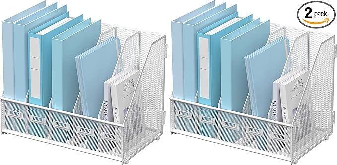 SUPEASY Desk Organizers Metal Desk Magazine File Holder with 5 Vertical Compartments Rack File Organizer for Office Desktop, Home Workspace, White (Pack of 2)