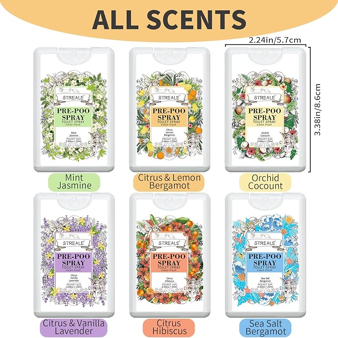 Travel Size Toilet Spray 6-Pack, Travel Essentials Toiletries, Pocket Size Pre-Poo Spray, Bathroom Odor Deodorizer, Up to 240 Uses, 6 Refreshing Scents