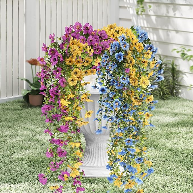 Artificial Hanging Flowers for Outdoors, 6 Pcs Fake Plant for Spring Summer Decoration, UV Resistant Realistic Silk Faux Flowers Outside Indoor Planter Porch Patio Balcony Yard Decor