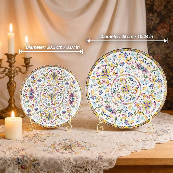 KAMMAK Decorative Plates Set for Display, White Ceramic Plate Decor with Stand, Handmade Vintage Porcelain Ornament for Table, Living Room, Kitchen, Office, Perfect Chinese Style Dish Gift (8in+10in)