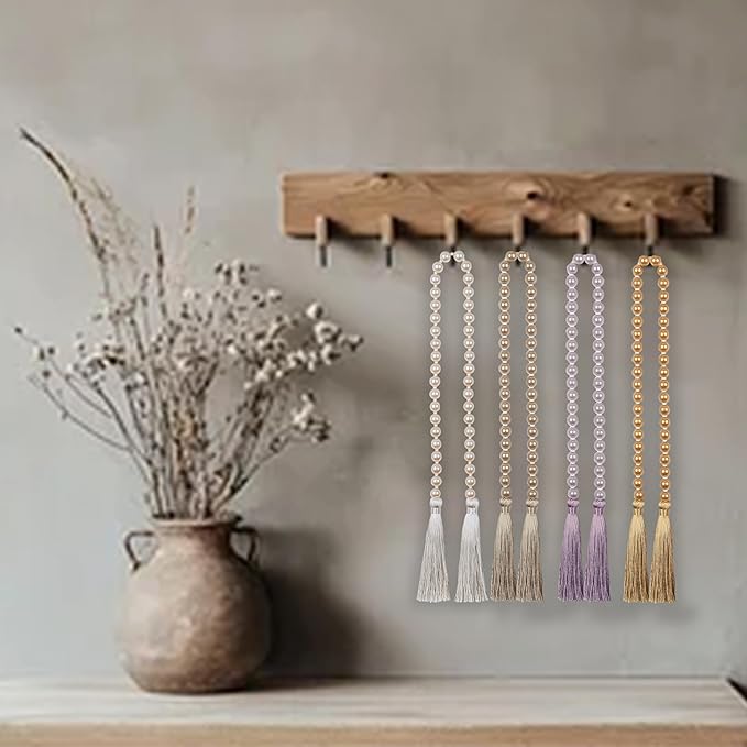 34 Inch Pearl Glass Bead Garland with Tassels - Elegant Boho Table Decor, Fringe Wall Hanging for Wedding, Party, Farmhouse Rustic Prayer Bead Home Decoration(1 Pack,Champagne Gold)