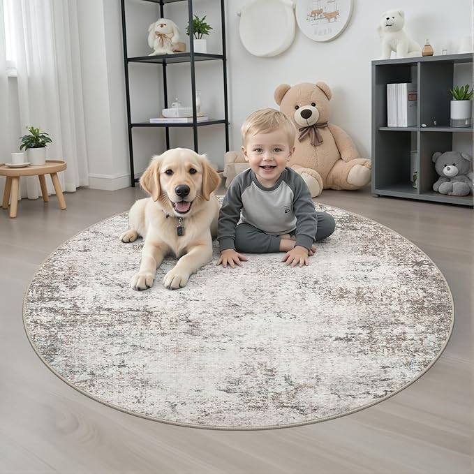 Round Area Rug for Living Room: 4 ft Washable Modern Abstract Soft Thin Rug Indoor Floor No Slip Stain Resistant Carpet for Bedroom Dining Room Farmhouse Nursery Home Office - Brown Grey